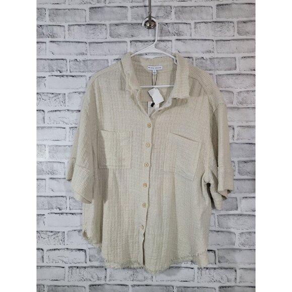 NWT Miou Muse Oversized Gauze Frayed Hem Button Down Ivory Shirt Size Large - Picture 6 of 7